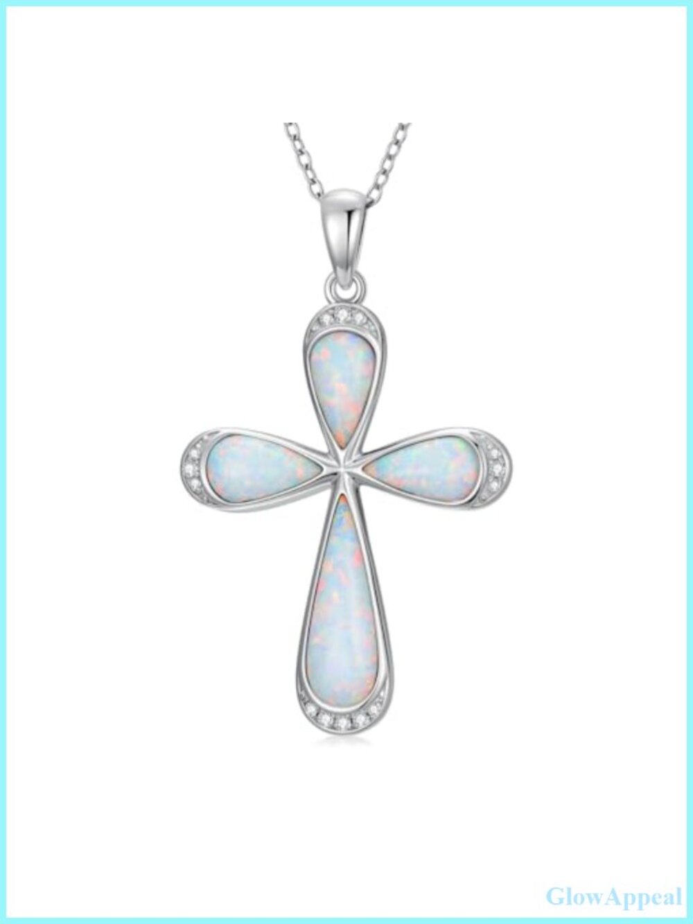Sterling Silver Opal Cross Necklace Lab Grown Diamond Pendant 18+2 Inch